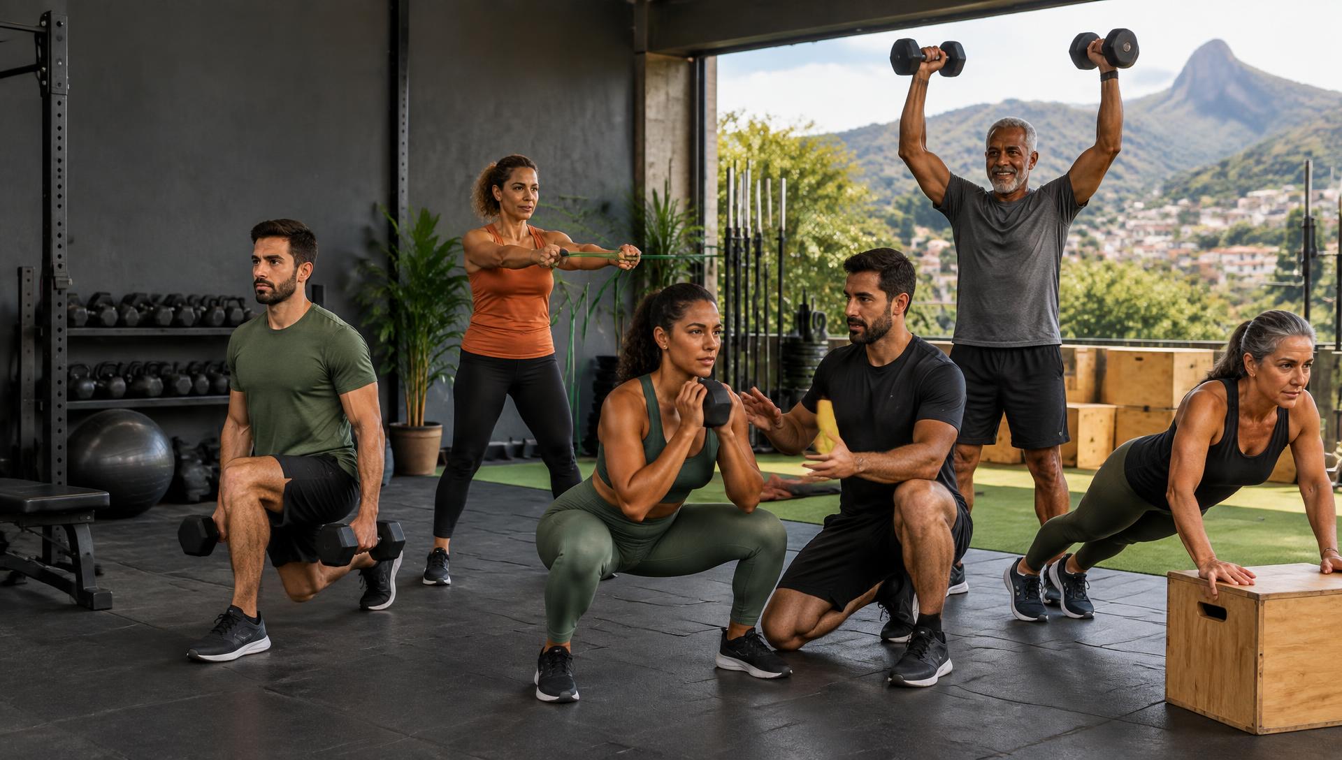 Adultos de 25 a 60 anos fazendo exercícios de força com acompanhamento de personal trainer