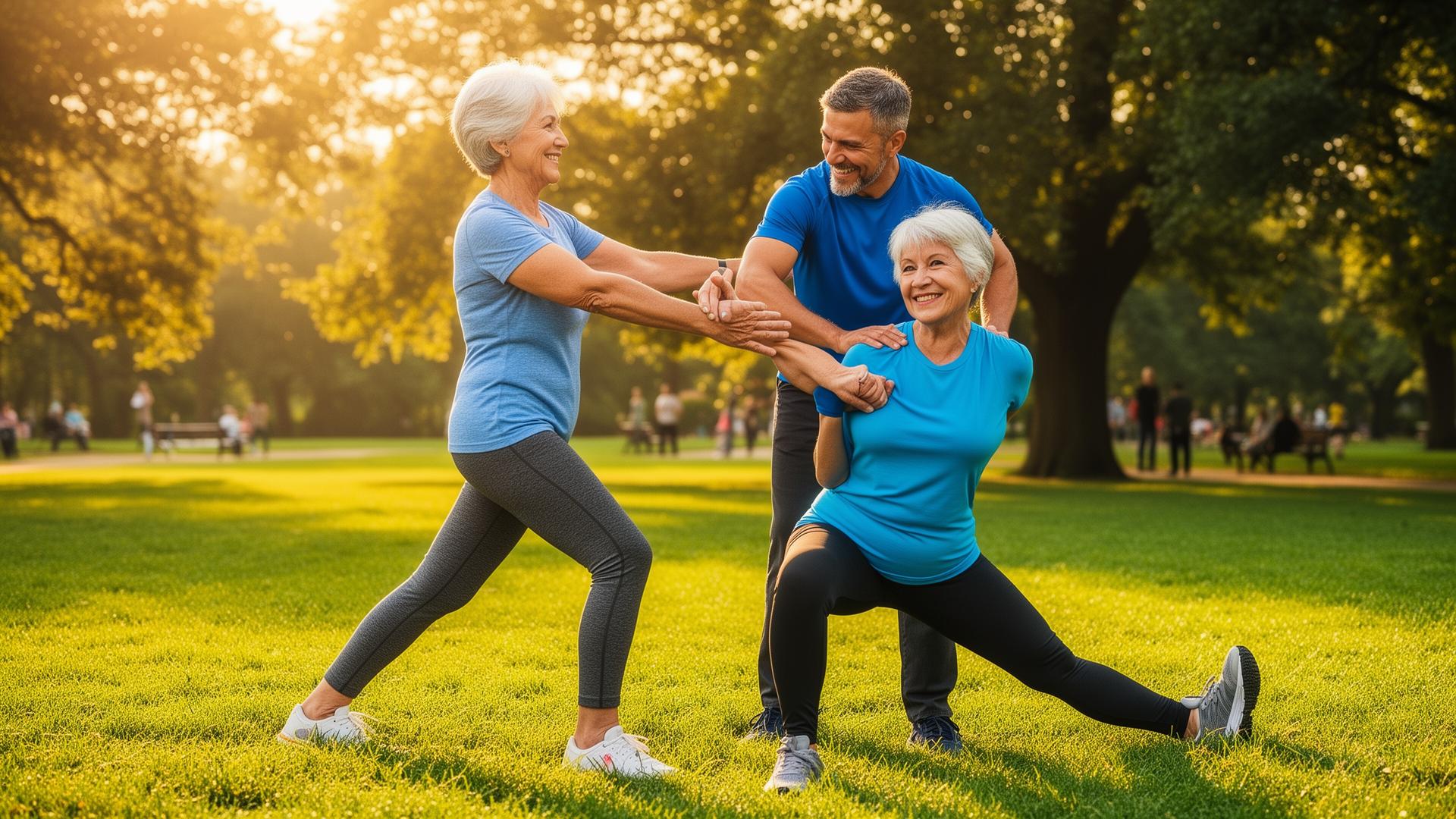 Pessoas sêniors se exercitando ao ar livre com personal trainer